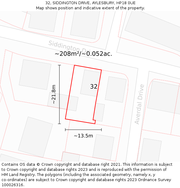 32, SIDDINGTON DRIVE, AYLESBURY, HP18 0UE: Plot and title map