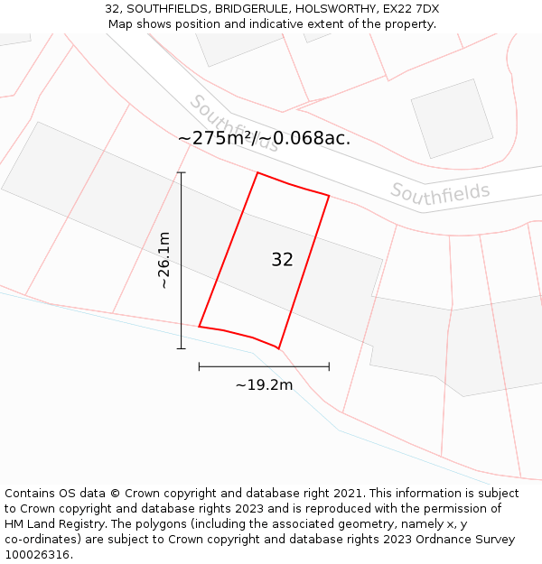 32, SOUTHFIELDS, BRIDGERULE, HOLSWORTHY, EX22 7DX: Plot and title map