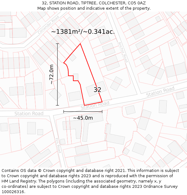 32, STATION ROAD, TIPTREE, COLCHESTER, CO5 0AZ: Plot and title map