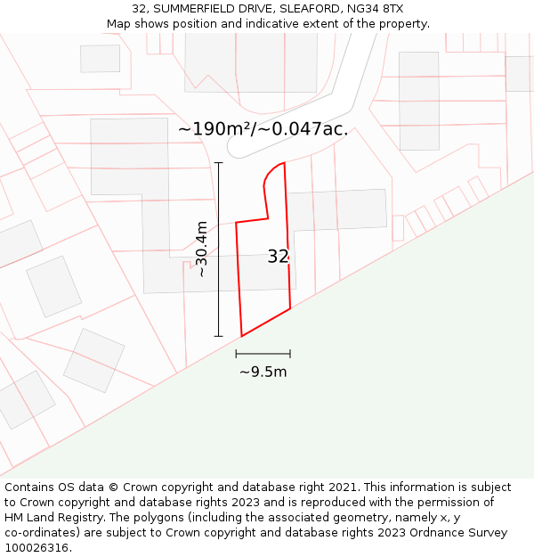 32, SUMMERFIELD DRIVE, SLEAFORD, NG34 8TX: Plot and title map