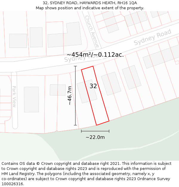 32, SYDNEY ROAD, HAYWARDS HEATH, RH16 1QA: Plot and title map