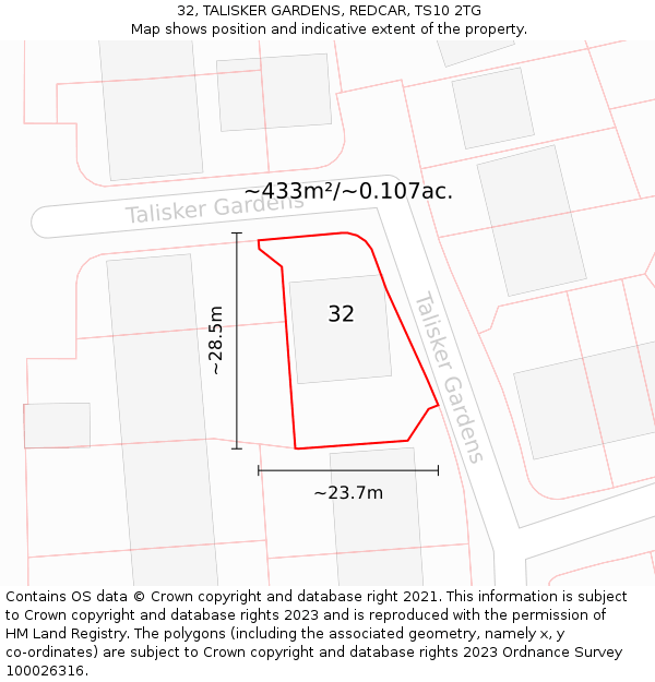 32, TALISKER GARDENS, REDCAR, TS10 2TG: Plot and title map