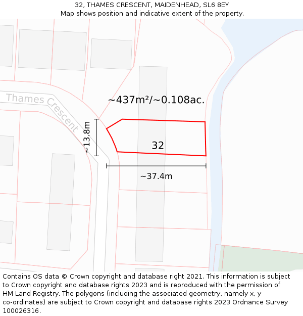 32, THAMES CRESCENT, MAIDENHEAD, SL6 8EY: Plot and title map