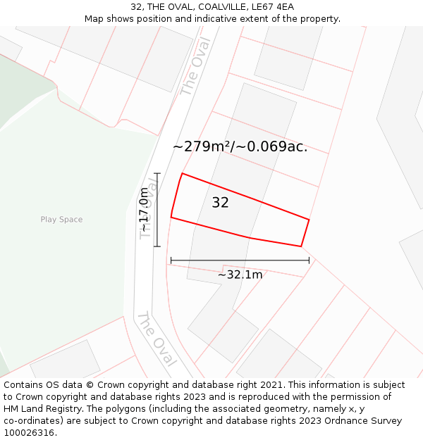 32, THE OVAL, COALVILLE, LE67 4EA: Plot and title map