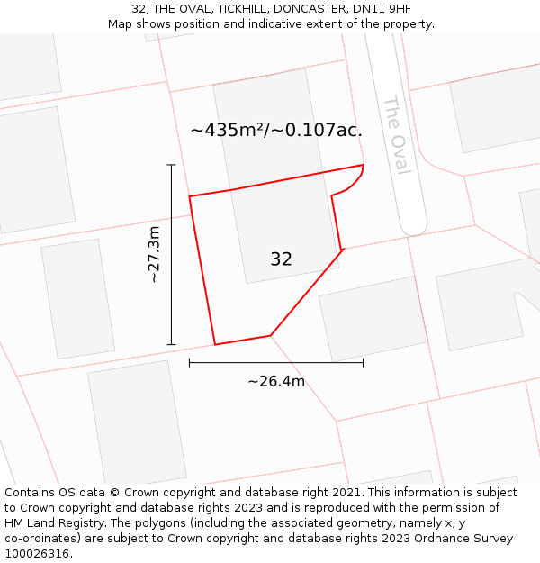 32, THE OVAL, TICKHILL, DONCASTER, DN11 9HF: Plot and title map