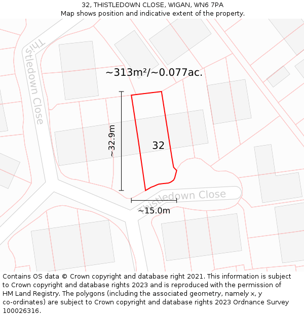 32, THISTLEDOWN CLOSE, WIGAN, WN6 7PA: Plot and title map