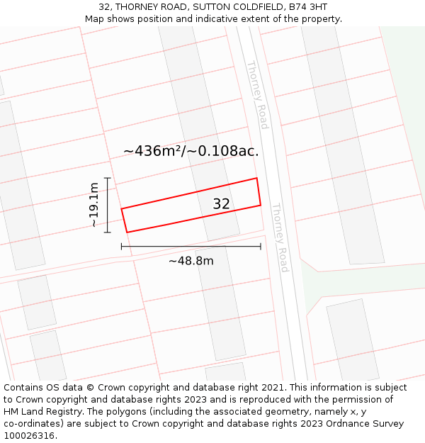 32, THORNEY ROAD, SUTTON COLDFIELD, B74 3HT: Plot and title map