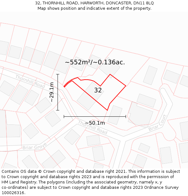 32, THORNHILL ROAD, HARWORTH, DONCASTER, DN11 8LQ: Plot and title map