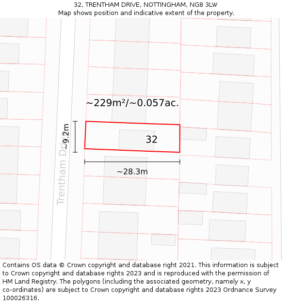 32, TRENTHAM DRIVE, NOTTINGHAM, NG8 3LW: Plot and title map