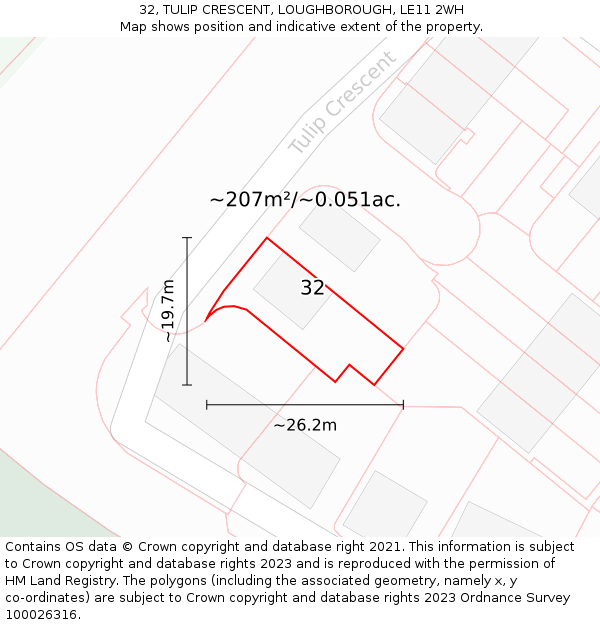 32, TULIP CRESCENT, LOUGHBOROUGH, LE11 2WH: Plot and title map