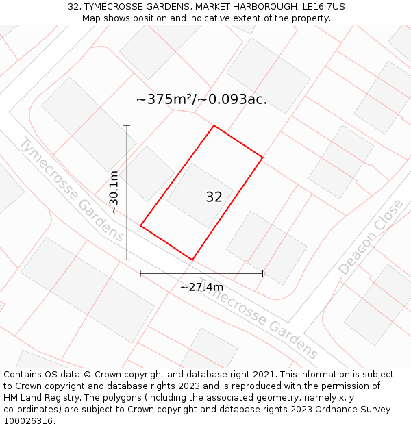 32, TYMECROSSE GARDENS, MARKET HARBOROUGH, LE16 7US: Plot and title map