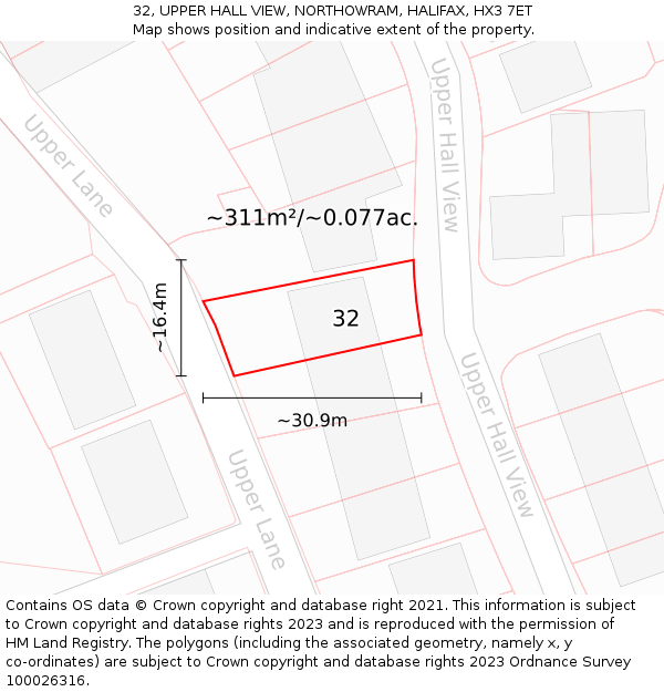 32, UPPER HALL VIEW, NORTHOWRAM, HALIFAX, HX3 7ET: Plot and title map