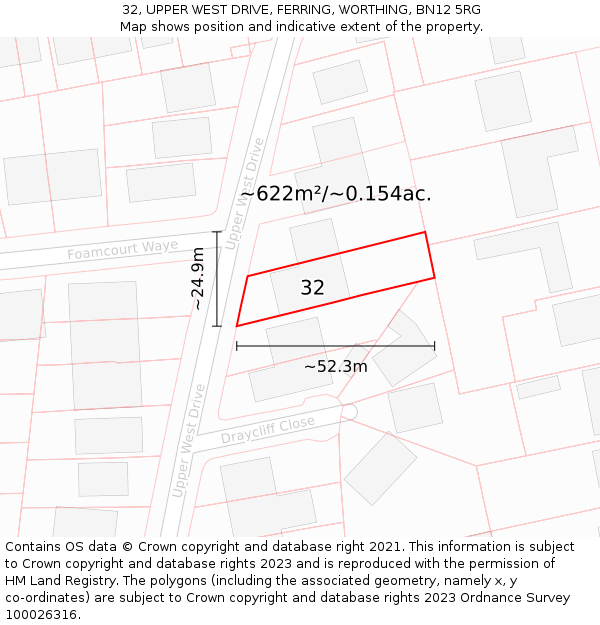 32, UPPER WEST DRIVE, FERRING, WORTHING, BN12 5RG: Plot and title map