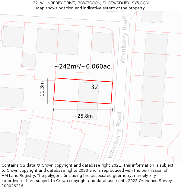 32, WHINBERRY DRIVE, BOWBROOK, SHREWSBURY, SY5 8QN: Plot and title map