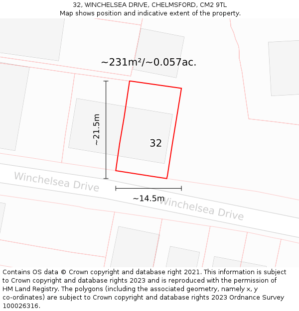 32, WINCHELSEA DRIVE, CHELMSFORD, CM2 9TL: Plot and title map