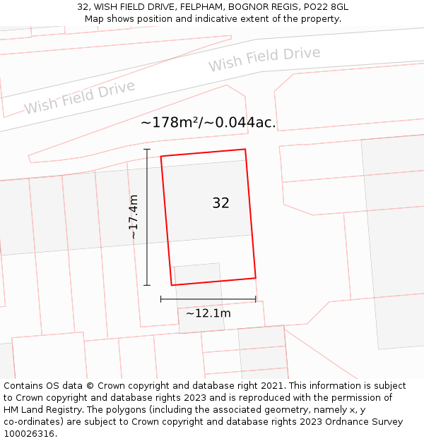 32, WISH FIELD DRIVE, FELPHAM, BOGNOR REGIS, PO22 8GL: Plot and title map