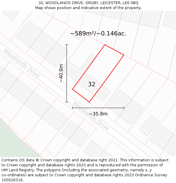 32, WOODLANDS DRIVE, GROBY, LEICESTER, LE6 0BQ: Plot and title map