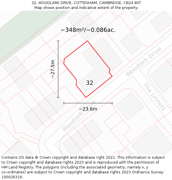 32, WOODLARK DRIVE, COTTENHAM, CAMBRIDGE, CB24 8XT: Plot and title map