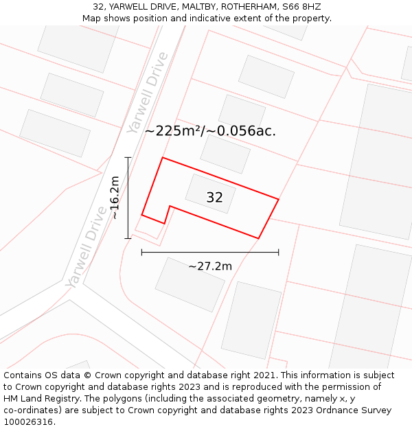 32, YARWELL DRIVE, MALTBY, ROTHERHAM, S66 8HZ: Plot and title map