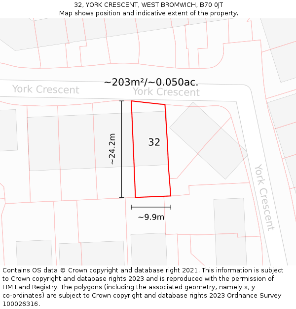 32, YORK CRESCENT, WEST BROMWICH, B70 0JT: Plot and title map