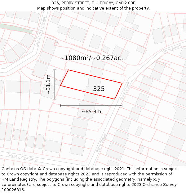 325, PERRY STREET, BILLERICAY, CM12 0RF: Plot and title map