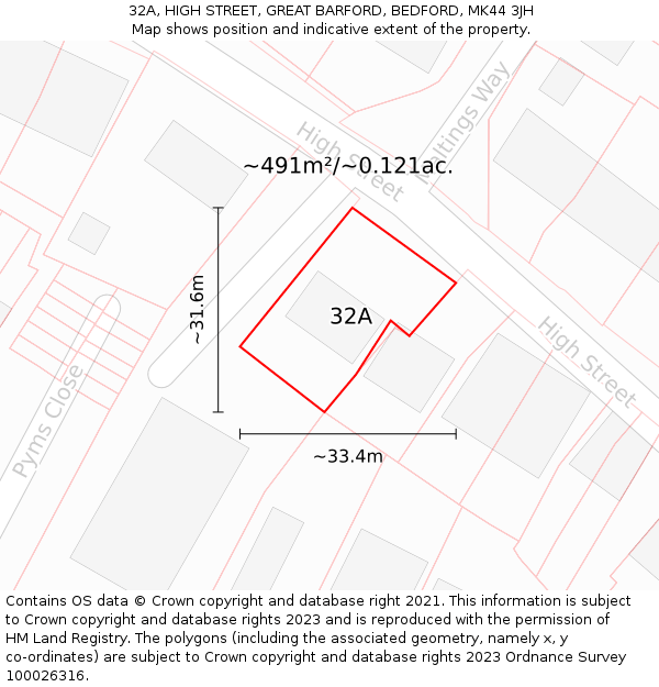 32A, HIGH STREET, GREAT BARFORD, BEDFORD, MK44 3JH: Plot and title map