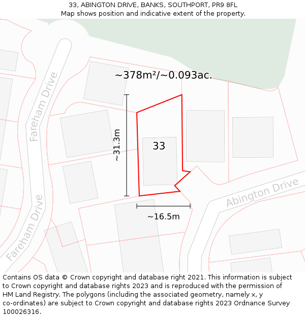 33, ABINGTON DRIVE, BANKS, SOUTHPORT, PR9 8FL: Plot and title map