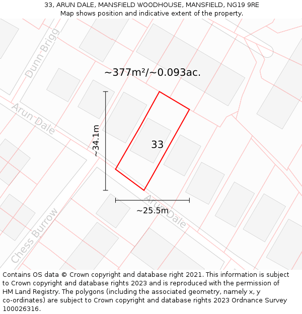 33, ARUN DALE, MANSFIELD WOODHOUSE, MANSFIELD, NG19 9RE: Plot and title map