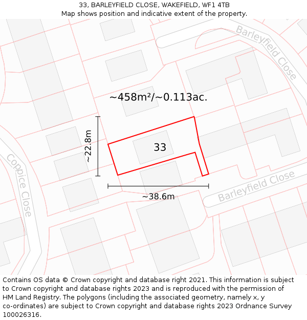 33, BARLEYFIELD CLOSE, WAKEFIELD, WF1 4TB: Plot and title map