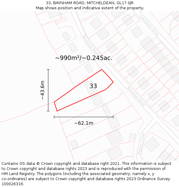 33, BAYNHAM ROAD, MITCHELDEAN, GL17 0JR: Plot and title map