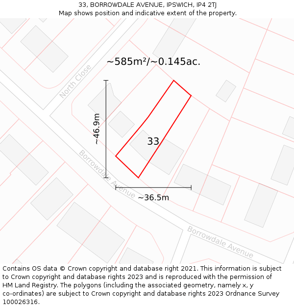 33, BORROWDALE AVENUE, IPSWICH, IP4 2TJ: Plot and title map