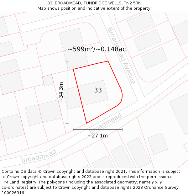 33, BROADMEAD, TUNBRIDGE WELLS, TN2 5RN: Plot and title map