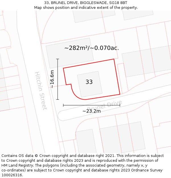 33, BRUNEL DRIVE, BIGGLESWADE, SG18 8BT: Plot and title map