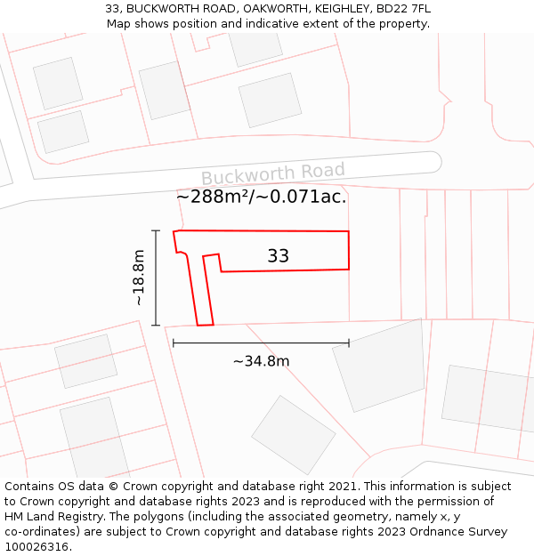 33, BUCKWORTH ROAD, OAKWORTH, KEIGHLEY, BD22 7FL: Plot and title map