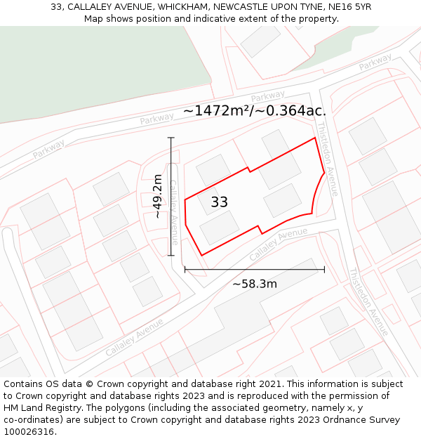 33, CALLALEY AVENUE, WHICKHAM, NEWCASTLE UPON TYNE, NE16 5YR: Plot and title map