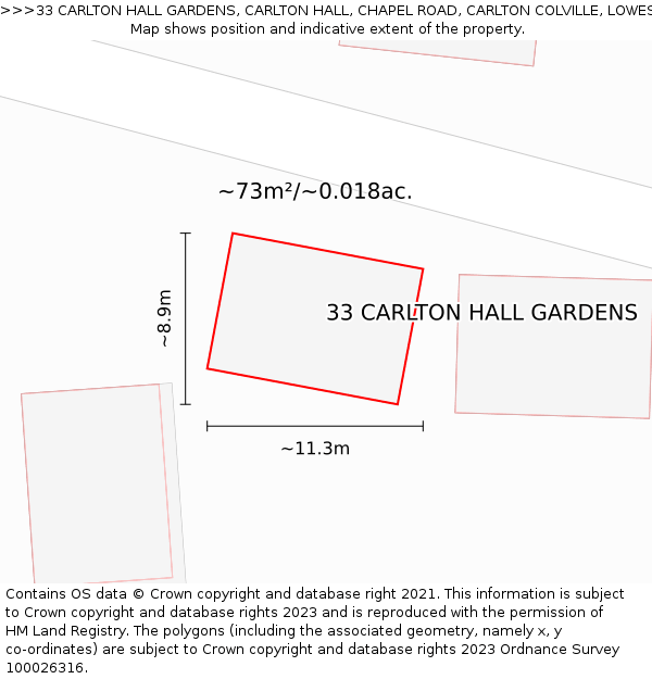 33 CARLTON HALL GARDENS, CARLTON HALL, CHAPEL ROAD, CARLTON COLVILLE, LOWESTOFT, NR33 8BL: Plot and title map