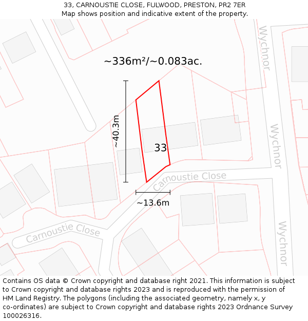 33, CARNOUSTIE CLOSE, FULWOOD, PRESTON, PR2 7ER: Plot and title map