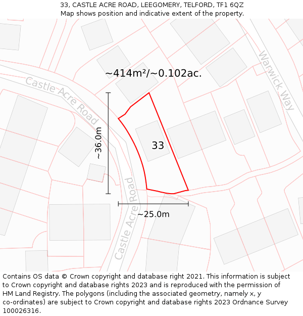 33, CASTLE ACRE ROAD, LEEGOMERY, TELFORD, TF1 6QZ: Plot and title map