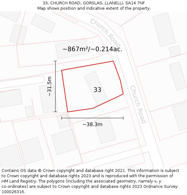 33, CHURCH ROAD, GORSLAS, LLANELLI, SA14 7NF: Plot and title map