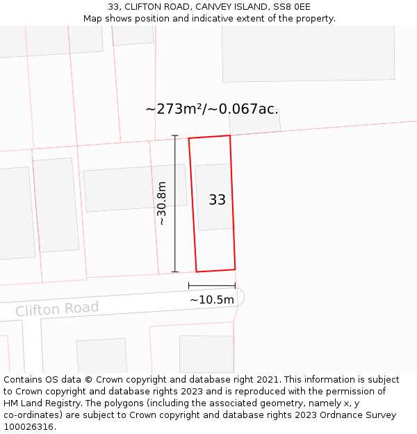 33, CLIFTON ROAD, CANVEY ISLAND, SS8 0EE: Plot and title map