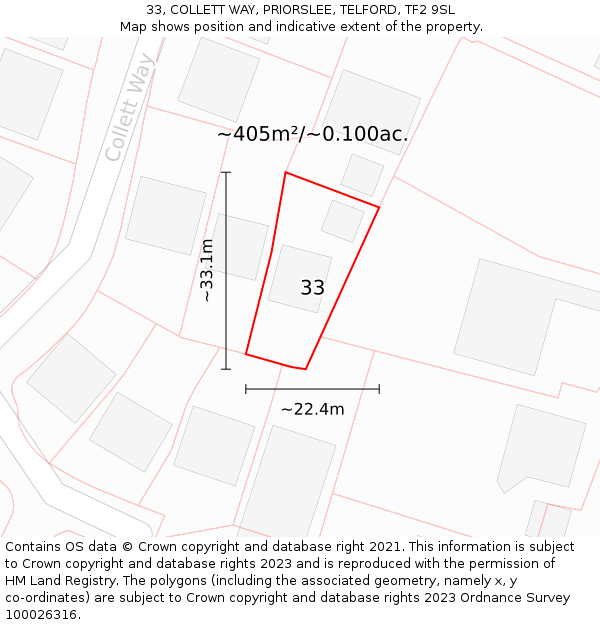 33, COLLETT WAY, PRIORSLEE, TELFORD, TF2 9SL: Plot and title map