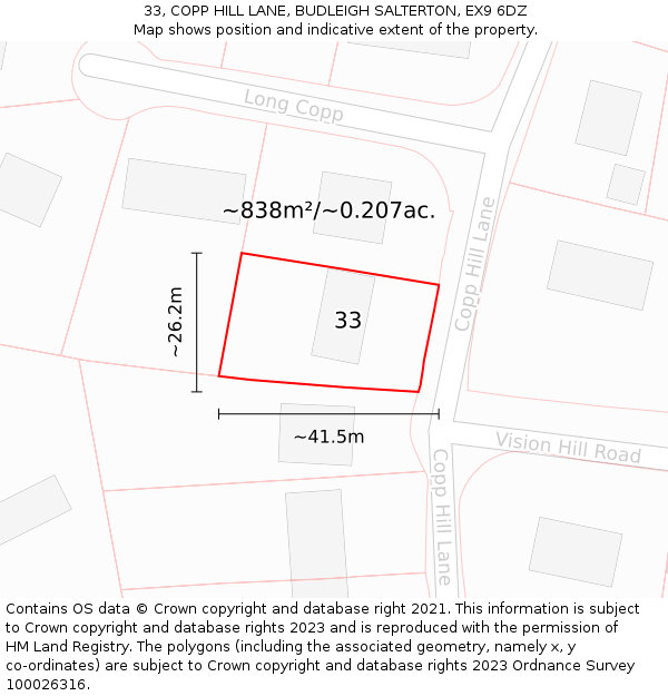 33, COPP HILL LANE, BUDLEIGH SALTERTON, EX9 6DZ: Plot and title map