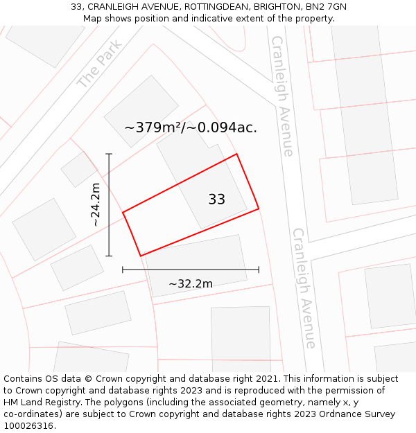 33, CRANLEIGH AVENUE, ROTTINGDEAN, BRIGHTON, BN2 7GN: Plot and title map