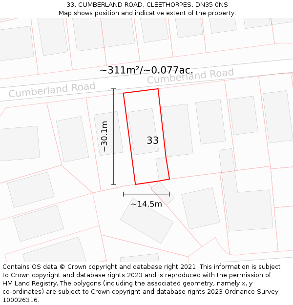 33, CUMBERLAND ROAD, CLEETHORPES, DN35 0NS: Plot and title map