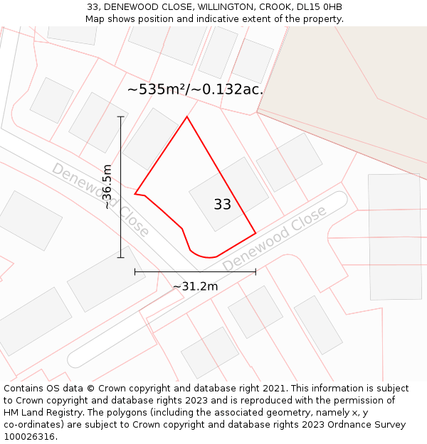 33, DENEWOOD CLOSE, WILLINGTON, CROOK, DL15 0HB: Plot and title map