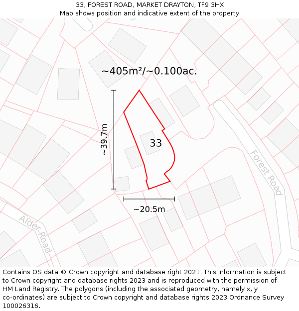 33, FOREST ROAD, MARKET DRAYTON, TF9 3HX: Plot and title map