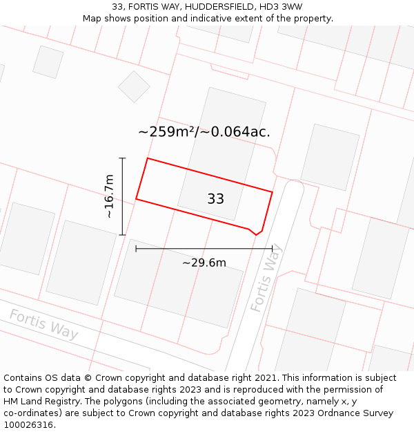 33, FORTIS WAY, HUDDERSFIELD, HD3 3WW: Plot and title map