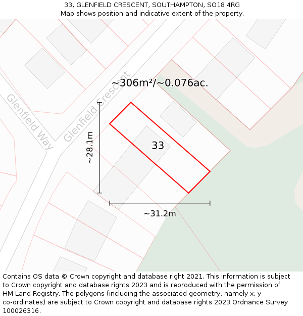 33, GLENFIELD CRESCENT, SOUTHAMPTON, SO18 4RG: Plot and title map