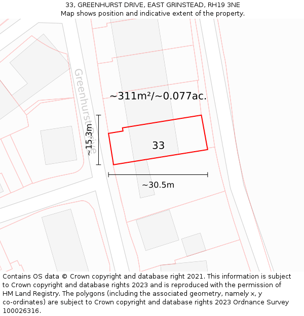 33, GREENHURST DRIVE, EAST GRINSTEAD, RH19 3NE: Plot and title map