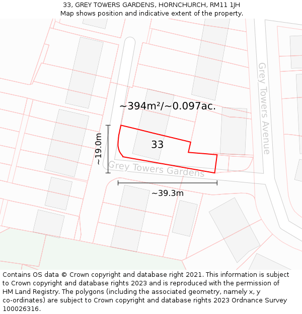 33, GREY TOWERS GARDENS, HORNCHURCH, RM11 1JH: Plot and title map